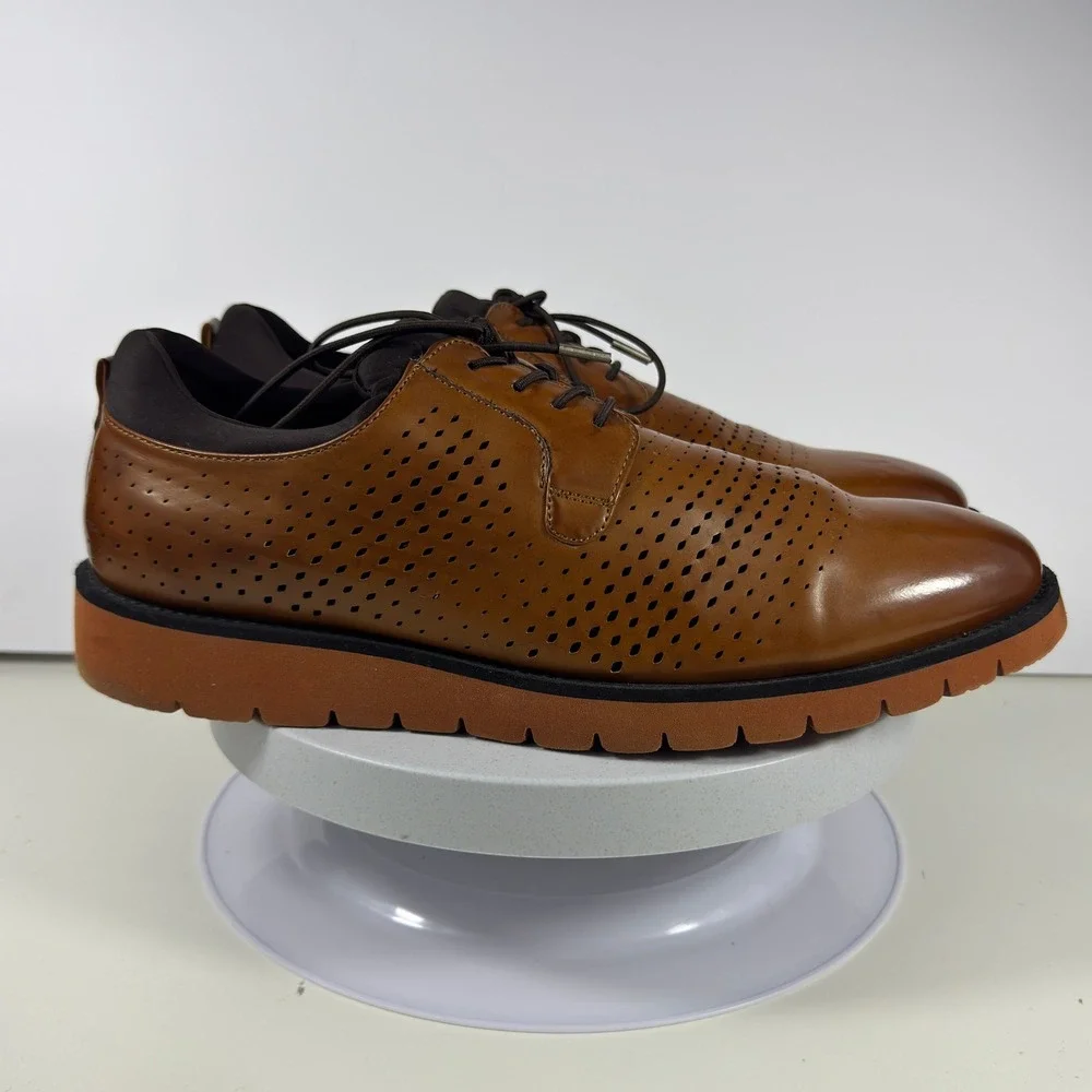 TAYNO Men 10 Cognac Perforated Oxford Vegan Leather Casual Dress Shoes